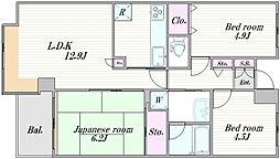 ハイツ面影橋 2階3LDKの間取り