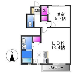 リヴェール若江 1LDKの間取図画像