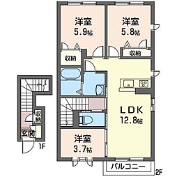 フィオーレII　Ｂ 2階3LDKの間取り