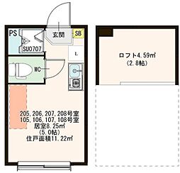 ハーモニーテラス東十条II 1階ワンルームの間取り