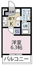 ベルメント船橋 2階1Kの間取り