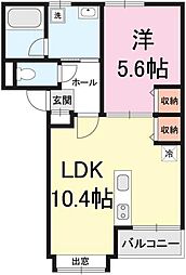 シャレー小新南IIＢ棟 2階1LDKの間取り