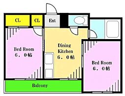 富士見ハイツ調布 2DKの間取図画像