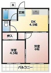 矢切ハイムＡ棟 2階2DKの間取り