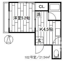 エクセル北町 1Kの間取図画像