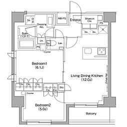 ザ・パークハビオ駒込 7階2LDKの間取り