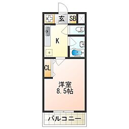 アロース我孫子東 2階1Kの間取り