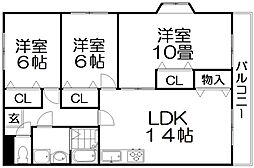 レオハイムナガオ2 3LDKの間取図画像