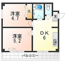 甲子園口マンション 2DKの間取図画像