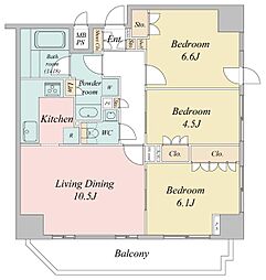 東京メトロ日比谷線 茅場町駅 徒歩5分の賃貸マンション 6階3LDKの間取り