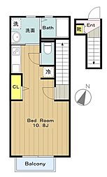 ディアコート 2階1Kの間取り