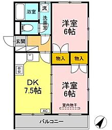 サンヴァレー田中 2DKの間取図画像