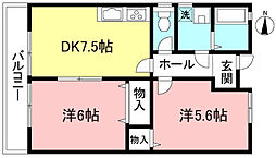オデッセイV 1階2DKの間取り