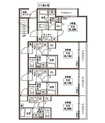グランシエル都賀 1Kの間取図画像