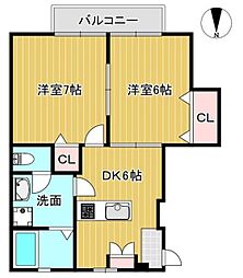 リバーサイドメゾンA 2DKの間取図画像