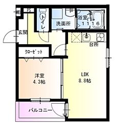 フジパレス西宮甲東園III番館 1LDKの間取図画像