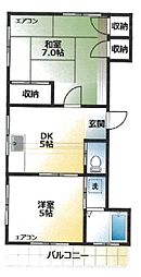 池之端コーポII 2階2DKの間取り