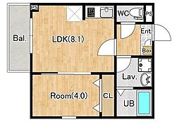 春日部市道順川戸アパート 1LDKの間取図画像