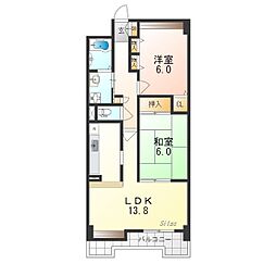 淀川パストラルコート 2LDKの間取図画像