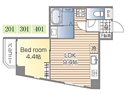 コスモグランデII 4階1LDKの間取り