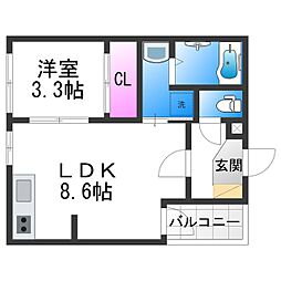 ハーモニーテラス安立IV 3階1LDKの間取り