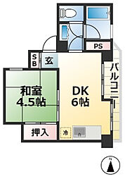 トーアハイツ 4階1DKの間取り