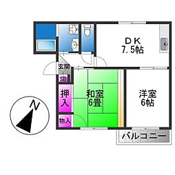 グリーンハイツ吉川 2DKの間取図画像