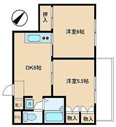 大橋第1ハイム 2DKの間取図画像