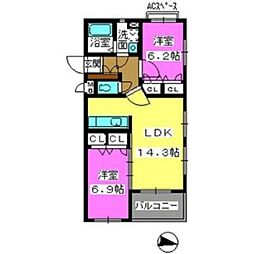 ドルフ姪浜 2LDKの間取図画像