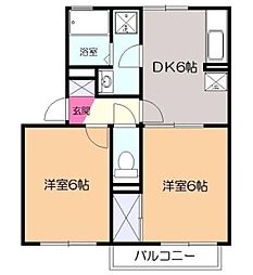 北相ハイツC 2DKの間取図画像