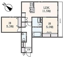 (仮称)稲城市押立ヘーベルメゾン 2LDKの間取図画像