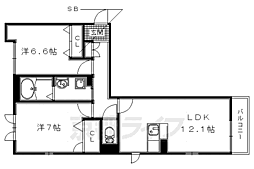 近鉄京都線 富野荘駅 徒歩9分の賃貸マンション 2階2LDKの間取り