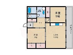 グランドハイツ長居B棟 2LDKの間取図画像