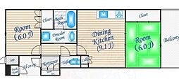 ジオ千里中央フォレストカーサH棟 2DKの間取図画像