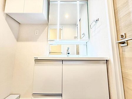 三面鏡の裏は機能的な収納を配置。コンセントも付いているため電動シェーバーや、電動歯ブラシも収納できます。