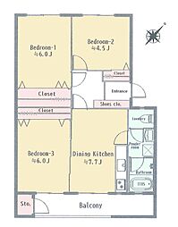 公社立川羽衣町住宅2号棟 3DKの間取図画像
