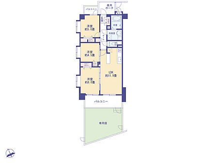 各居室に収納を完備した快適な3LDKプラン。リビングからフラットに繋がる広々としたテラスと専用庭が付いており、戸建て感覚でのびのびとした暮らしを楽しめる贅沢な間取りです。