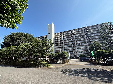 前面道路から見ても存在感のある総戸数443戸のマンション。敷地内には豊かな植栽が広がり、ゆとりある住環境が魅力です。7階・南向き住戸を令和8年10月中旬フルリフォーム予定、ペット飼育可(細則有)の住まいです
