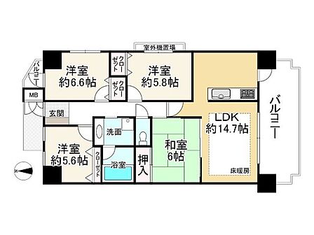 LDK約14.7帖、リビングダイニングに床暖房付
