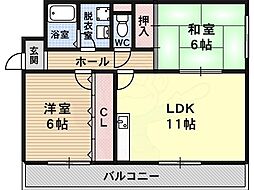 エスポワール恵我之荘 2LDKの間取図画像