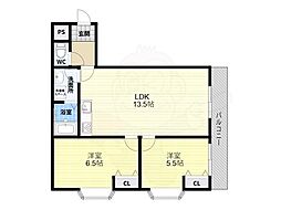 サンハイツ藤井寺 2LDKの間取図画像