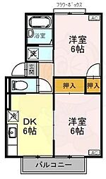 サニーハイツフミA棟 2DKの間取図画像