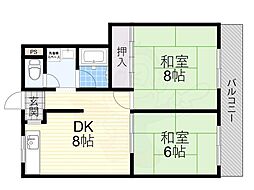 ビートル山本北A棟 2DKの間取図画像