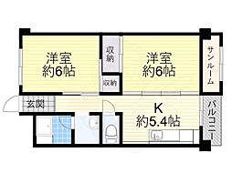 エトワールヴィルーR山本南 2DKの間取図画像