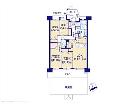 キッチンはLDを見渡せる対面式。調理中もリビングにいるご家族との会話が弾みます。テラス、専用庭有◎