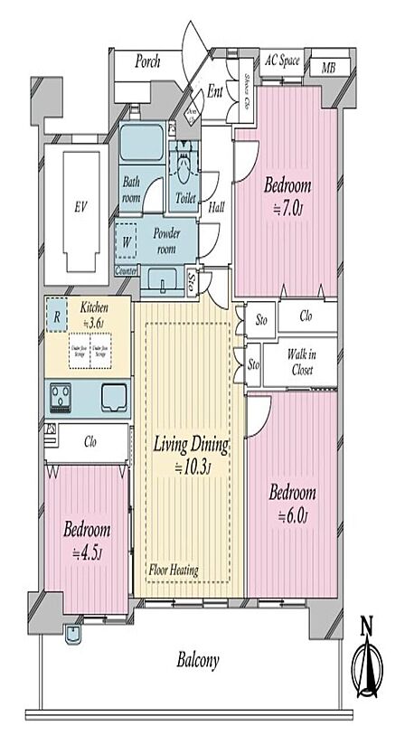 南向きバルコニー付き「3LDK」の住まい。LDには床暖房があり、足元から暖かく過ごせます。WICをはじめ、全居室に収納が備えられていて、住空間をすっきり保つことができます。