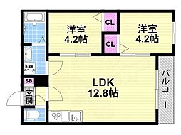 TIO四條畷 2LDKの間取図画像