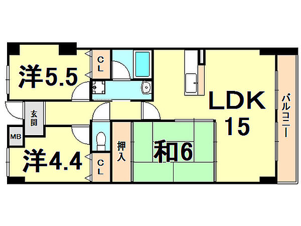 カルム苦楽園 202｜兵庫県西宮市獅子ケ口町(賃貸マンション3LDK・2階・67.00㎡)の写真 その2