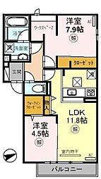 D-room上ノ丸 2LDKの間取図画像