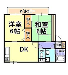 ハイカムール芦屋 2DKの間取図画像